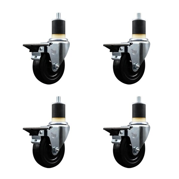4'' Hard Rubber Swivel 1-7/8'' Expanding Stem Caster Set with Brake, 4PK